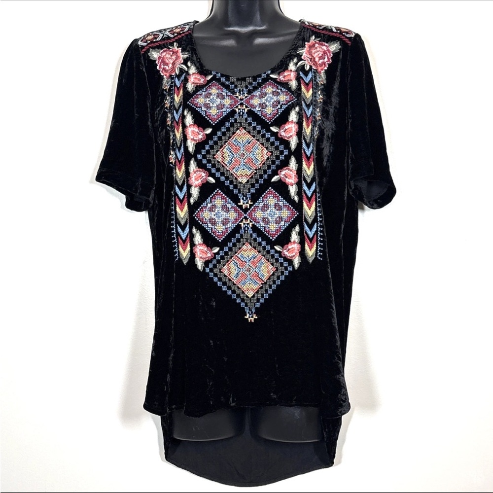 Johnny Was Velvet top S Jody Embroidered silk rayon tunic hi lo boho gypsy